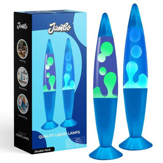 Jambo 16" Inch Beautiful Liquid Motion Lamp with Wax that Flows Like Lava | Entertaining for Adults, Teens and Kids (Blue Base, Blue Liquid, Yellow Wax & Blue Base, Blue Liquid, White Wax DOUBLE PACK)