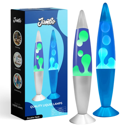 Jambo 16-Inch Beautiful Liquid Motion Lamp |Entertaining for Adults and Kids (Silver Base, Blue Liquid, Yellow Wax, and Blue Base, Blue Liquid, White Wax, 16", Double Pack)
