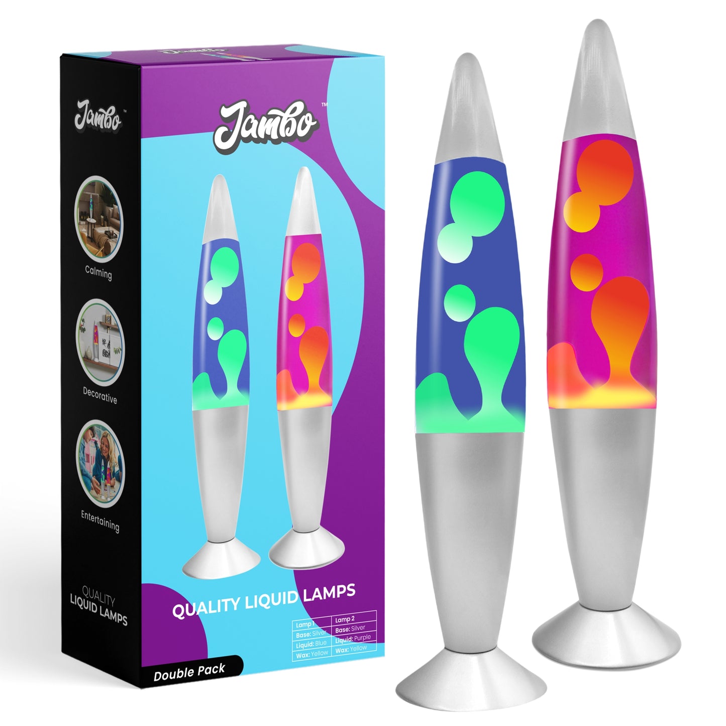 Jambo 16-Inch Beautiful Liquid Motion Lamp |Entertaining for Adults and Kids (Silver Base, Blue Liquid, Yellow Wax, and Silver Base, Purple Liquid, Yellow Wax, 16", Double Pack)