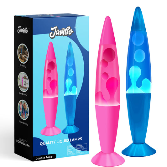 Jambo 16" Inch Beautiful Liquid Motion Lamp with Wax That Flows Like Lava | Entertaining for Adults, Teens and Kids (Blue Base, Blue Liquid, White Wax & Pink Base, Pink Liquid, White Wax Double Pack)